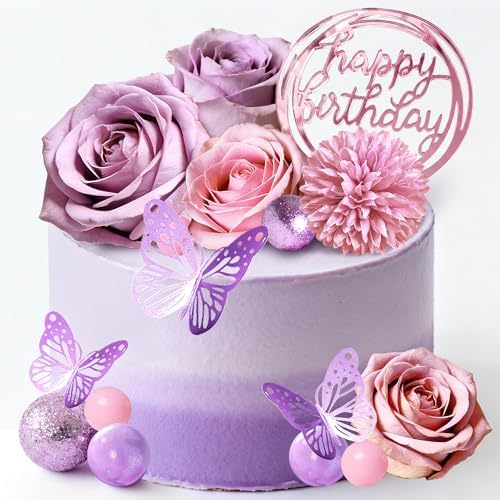 Flower Cake Toppers, Happy Birthday Rose Gold Cake Decorations with Artificial Flowers Butterfly Balls for Wedding Baby Shower Birthday Party Supplies (Purple) by LEFUBABY