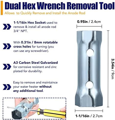 RV Water Heater Anode Rod & Flush Wand & Element Socket - 9.25"L x 3/4"NPT Thread Magnesium Rod for Suburban, Mor-Flo, Camper Hot Water Tank Cleaning Rinser with Dual Hex Wrench Removal Tool - Image 4