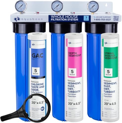 Aquaboon 3-Stage Whole House Water Filter System with Chlorine & Sediment Reducing 20x4.5 Water Filter Cartridges, Gauge & Release, Wrench, Bracket by Aquaboon