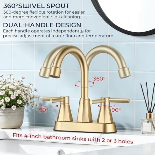 Bathroom Sink Faucet Brushed Gold, 2-Handle 4-inch Centerset Faucet - Image 4