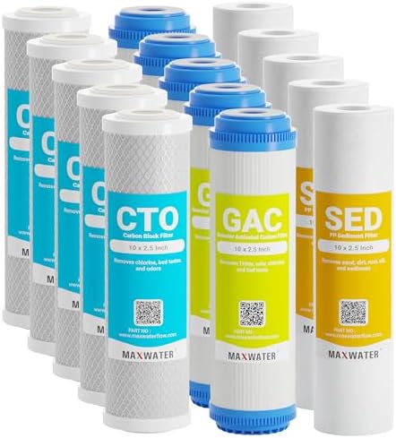 Max Water 5 Micron Replacement 10 x 2.5 inch Filter Cartridge Set For Standard RO | Reverse Osmosis Water Filter Systems - PP Sediment, GAC & CTO | Compatible with AP110, WHKF-GD05, WHKF-WHWC, GAC-10 by MaxWater