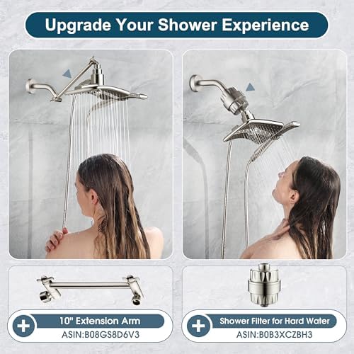 BRIGHT SHOWERS High Pressure Brushed Nickel Shower Heads Combo with Two Spray Setting Fixed Shower Head and Two Spray Settings Handheld Shower Head with Grey Face - Image 6