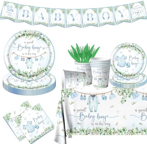 Greenery Baby Shower Tableware Set, Watercolor Blue Boy Plates, Napkins, Cups, Tablecloth for Boy Baby Shower Gender Reveal Supplies by Lenyunge