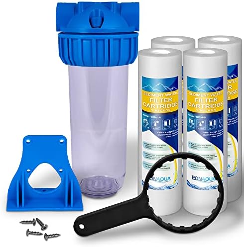 10 Inches Transparent Standard Whole House Water Filter System with Presser Relief Valve, 3/4” Inlet/Outlet Brass Port and Yearly Supply (4) Sediment Cartridges 5 Micron by Ronaqua