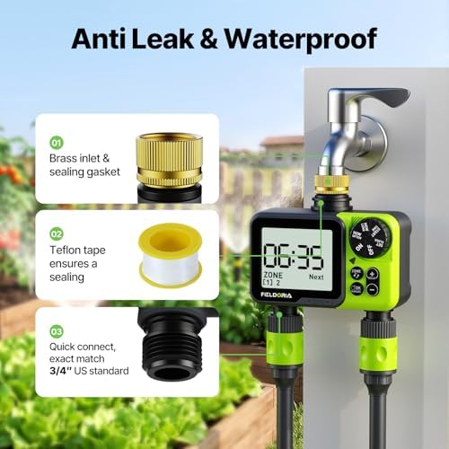Sprinkler Timer- Hose Timer for Garden Hose, Brass Inlet Programmable Watering Timer, Rain Delay Outdoor Soaker Auto& Manual Irrigation Controller System for Yard Lawn Greenhouse, 2 Outlets - Image 7