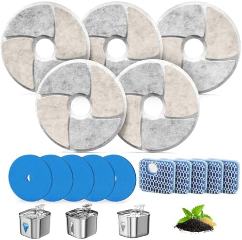 Cat Pet Water Fountain Filters, 5 Pack Replacement Filters Fit for Square 2.2L/73oz Automatic Pet Fountain, Diameter 4.1 Inch Filter with Triple Filtration System (5+5+5) by BAOFUM