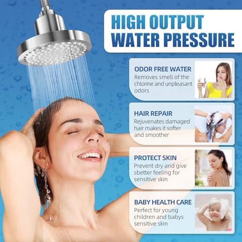 Filtered Shower Head High Pressure Output with for Hard Water- Removes Chlorine & Heavy Metals, Anti-Clogging Silicone Nozzles Bathroom Adjustable Replacement Rain ShowerHead Improve Skin Hair - Image 3