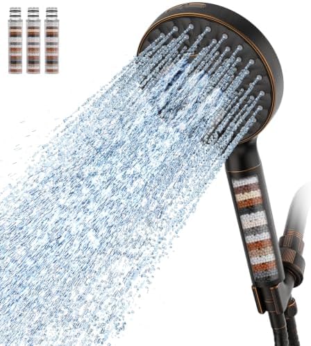 SR SUN RISE Filtered Shower Head with Handheld High Pressure 9 Spray Mode Showerhead Detachable Shower Head Water Softener Filters Beads for Hard Water Remove Chlorine 4 Filters Black Brown by SRSUNRISE