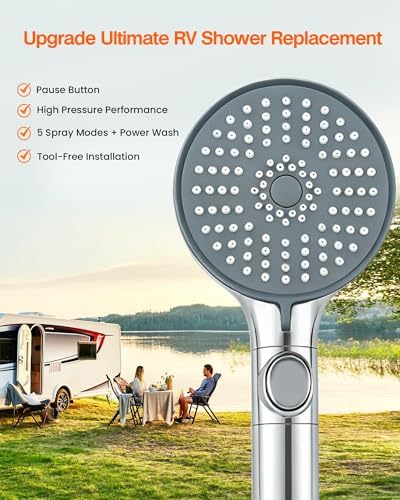RV Shower Head with Hose, High Pressure Handheld RV Shower Head Replacement with On Off Switch,5 Modes,Power Jet, Camper Showerhead for RV, Travel Trailer, Motorhome,Boat,Silver - Image 4
