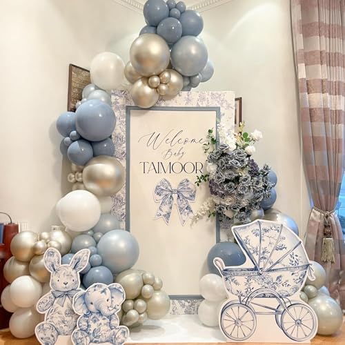 Dusty Blue Balloon Garland Arch Kit, 114pcs Pastel Blue Pearl White Metallic Light Gold Latex Balloons Set for Boy Girl Boho Ocean Baby Shower Boy Birthday Wedding Bridal Shower Party Decorations - Image 3