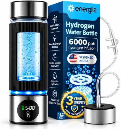 Hydrogen Water Bottle | 16.2 oz (480 ml) Hydrogen Water Generator | 6000 PPB Hydrogenator Machine | SPE/PEM Ionizer Generator (Silver) by Energilz