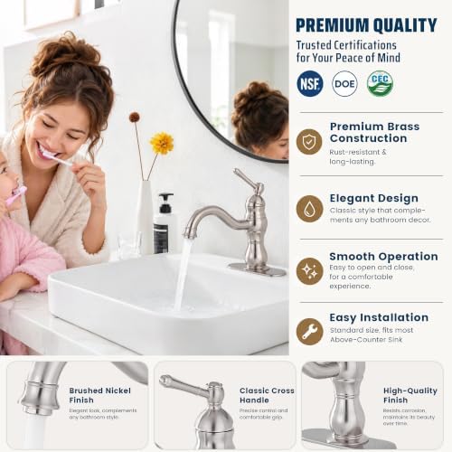 Bathroom Faucet Brushed Nickel GGStudy 360° Swivel Bathroom Vanity Faucet Single Handle One Hole Bathroom Sink Faucet Basin Matching Pop Up Drain with Overflow - Image 3