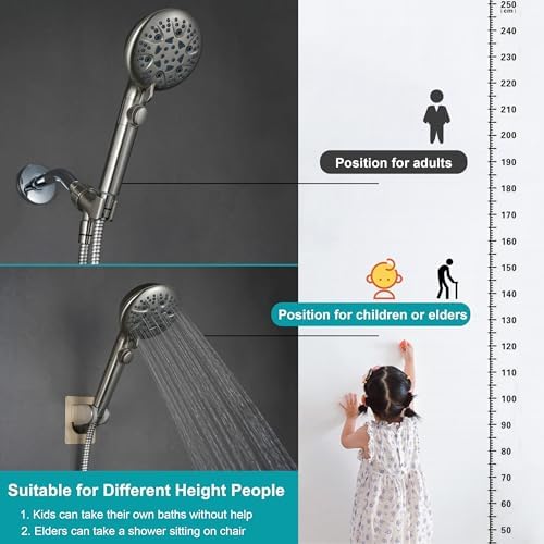 GwernKB Brushed Nickel Shower Heads Handheld with On Off Switch,8-Mode High Pressure Shower Wand with 79In Stainless Steel Hose&Bracket PLUS Low-Reach Adhesive Wall Mount Holder for Kids&Elderly - Image 3