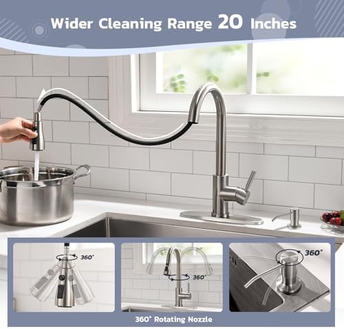 WEWE Kitchen Faucet with Soap Dispenser, Pull-Down Sprayer, Brushed Nickel - Image 5