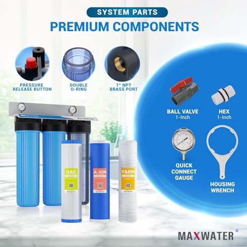 Max Water 3 Stage Whole House Water Filter System Nitrate Removal - 20" x 4.5" Wound Sediment + Anion Resin Nitrate Reduction + GAC - 1" Inlet/Outlet - Image 5