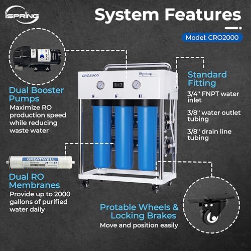 iSpring CRO2000 4-Stage Tankless Commercial Reverse Osmosis Drinking Water Filtration System w/Dual Pumps, Pressure Gauges, and Freestanding Stainless Steel Bracket, 2000 GPD - Image 6