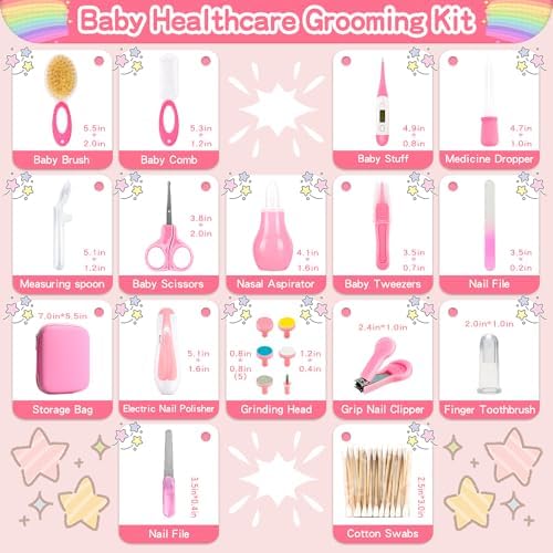 Infant Grooming Essentials: Electric Safety Nail Trimmer, Nasal Aspirator, Hair Brush, Comb, Nail Clipper (27 Piece Safety Care Set for Newborns - Pink) - Image 3