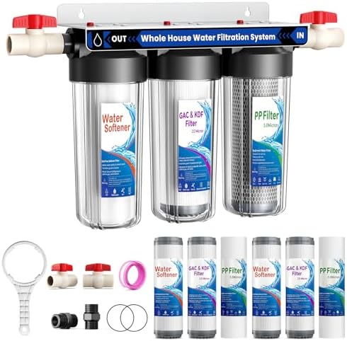 Whole House Water Filter System, 3 Stage Whole Home Water Softener System, Reduces Chlorine, Taste,Iron,Scale,Lead with Heavy Metal and Anti-Scale Filter, Includes 3 Sets Filters (2 Years use), 3/4” by Unknown