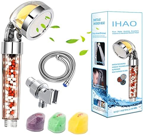 IHAO Vitamin C Filter High Pressure Handheld Shower Head with Bracket and Metal Hose Purifying Hard Water Softener Chlorine Flouride Filter Aroma Showerhead Fresh Dry Skin & Hair Loss by IHAO