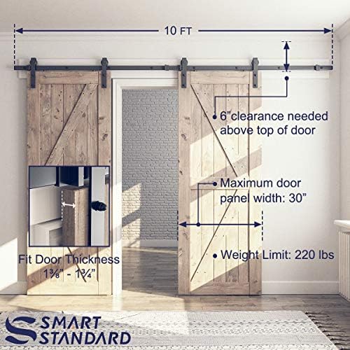 SMARTSTANDARD 10 FT Double Barn Door Hardware Kit, Fit 30" Wide Door Panel - Image 4