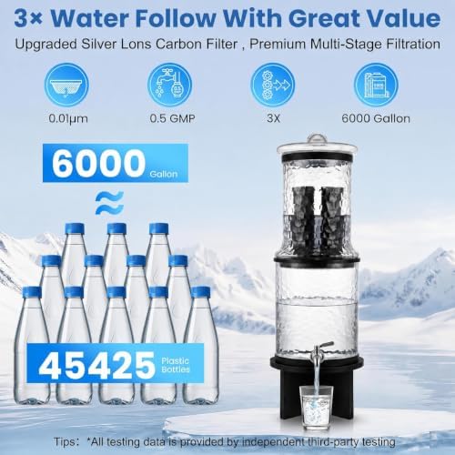 Glass Gravity Water Filter Machine System,6-Stage Countertop Water Dispenser with 2 Filter and Farmhouse-Style Stand,3 Gallon - Image 6