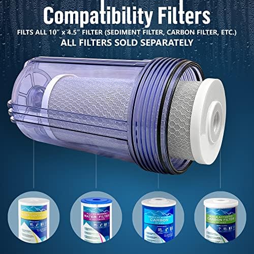 High Capacity 10 x 4.5” Whole House Filter Purifier System for Well or City Water, Presser Relief Button, 1” NPT Brass Port, Double O-Ring, Meets NSF Standards & Regulations (Transparent, 2 Sets) - Image 6