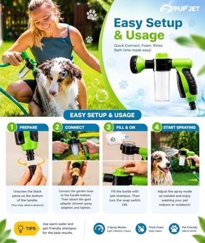 Pup Jet Dog Washing Hose Attachment with Soap Dispenser, 8-in-1 Spray Nozzle, Shampoo Sprayer for Dog Bath and Grooming, with Silicone Brush - Image 2