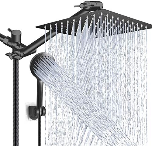 Black Shower Head Combo,10 Inch High Pressure Rain with 11" Extension Arm by PINWIN