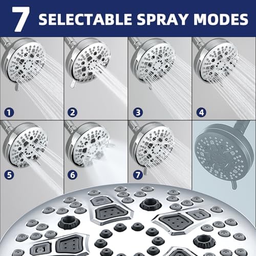 High Pressure Shower Head, 7-Spray Mode Adjustable Showerhead with 4-Inch Round Head, High Flow Handheld Shower for Low Water Pressure, Easy Install & Clean, Round Chrome - Image 2