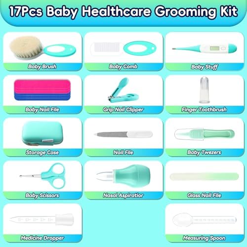 Baby Healthcare and Grooming Kit, Baby Safety Set Newborn Nursery Health Care Set with Hair Brush Scale Measuring Spoon Nail Clippers (12pcs, Green) (Green) - Image 2