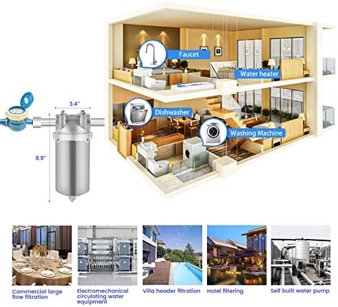 NSF/ANSI 42 Stainless Steel Whole House Water Filter Housing, 5" x 2.5" Sediment Water Filter System for Heavy Duty, Well & City Water, 1/2" NPT Port, Drain Valve Style C(Square Head) - Image 5