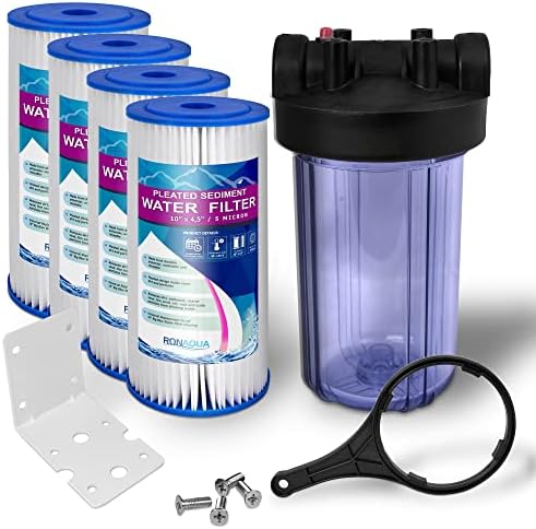 High Capacity 10 x 4.5-Inches Transparent Whole House Water Filter Purifier System with Presser Relief Button, 1” Inlet/Outlet Brass Port & Yearly Supply (4) Pleated Washable Sediment Cartridges 5 Mic by Ronaqua