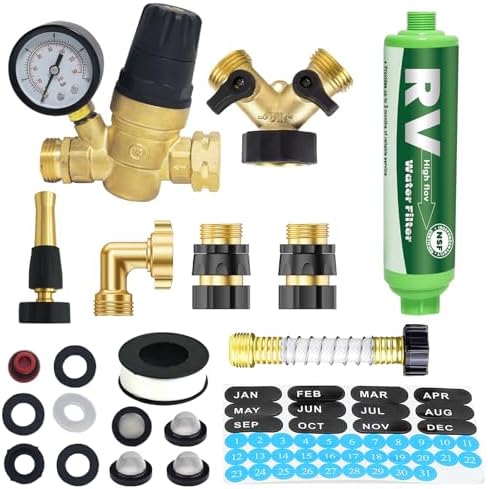 RV Water Pressure Regulator, Water Pressure Regulator for RV Camper, Camper Water Pressure Regulator with RV Water Regulator, Water Filter, Quick Connect Water Hose, Brass Elbow Flexible Connector by Enkreefi