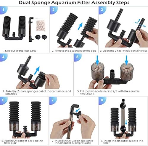 hygger Sponge Filter, Aquarium Filter Double Sponge Replaceable Media with 4 Biochemical Sponges and 1 Bag of Filtered Ceramic Balls Ultra Quiet Filter Fish Tank (S/M) (M for 15 to 55 Gallon Tank) - Image 5