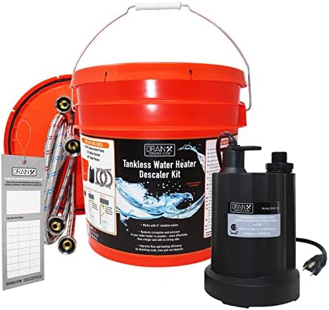 DrainX Tankless Water Heater Descaling Flush Kit - 3.5 Gallon Bucket, Heavy Duty 1/6 HP Pump, Steel Hoses, Maintenance Card, Instructions - Just add Vinegar or Descaler! by DrainX