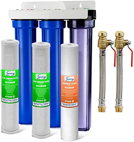 iSpring WCB32+AHPF12MNPT12X2 Whole House Water Filter System, Reduces up to 99% Chlorine, 3-Stage Water Filtration System w/Clear 1st-Stage Housing & 3/4" Push-fit Stainless Steel Hose Connectors by iSpring