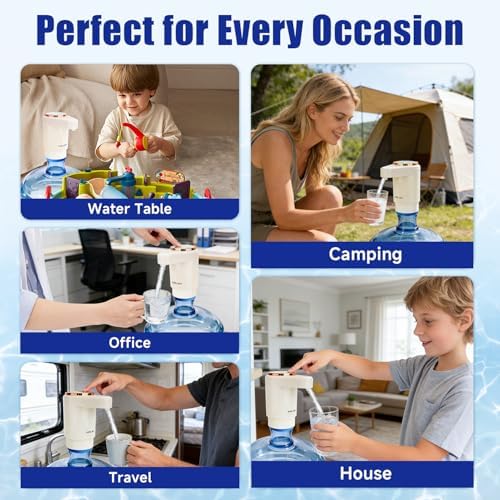 Dual Pump Water Dispenser for 5 Gallon Bottle, Electric Water Bottle Pump with Water Jug Cap, Powerful Flow, USB Rechargeable Automatic for Home, Office, Camping-Beige - Image 4