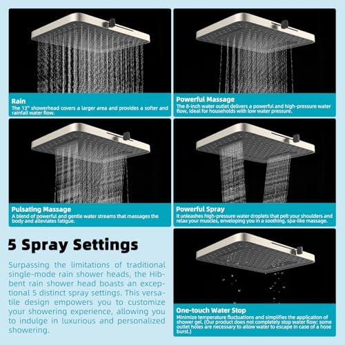 Hibbent Rain Shower Head, 13'' High Pressure Rainfall 5 Spray Mode Showerhead with 16" Shower Head Extension Arm, Brass Adjustable Shower Arm Extender, Waterfall fixed Showerheads, Brushed Nickel - Image 2