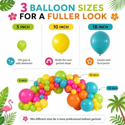 141 Pcs Rainbow Neon Balloon Arch Kit, Hot Pink Lime Green Orange Slate Blue Yellow End of Summer Tropical Balloon Garland for Hawaiian Luau Aloha Birthday Pool Back to School Party Decorations - Image 6