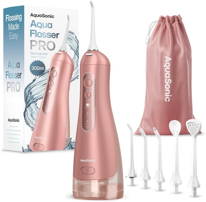 AquaSonic Aqua Flosser PRO - Rechargeable Electric Cordless Water Flosser for Teeth, Gums & Tongue - Waterproof Modern Design, 300ml Large Tank, 3 Modes, 6 Jet Tips, Deluxe Tongue Nozzle - Rose Gold by AquaSonic