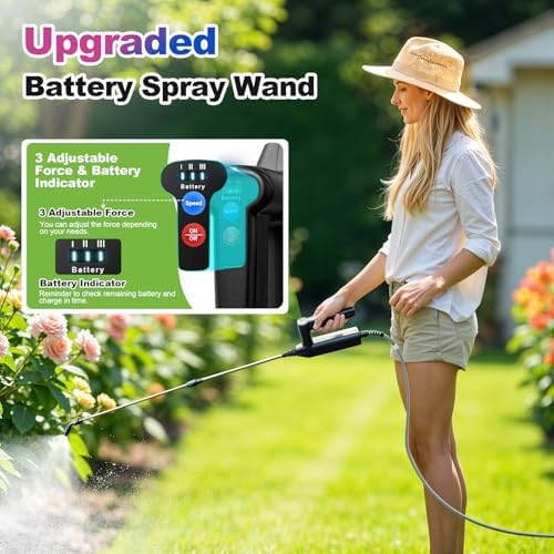 Battery Powered Sprayer Wand, 32 Inch Garden Sprayer Telescopic Wand with 3 Adjustable Speeds, Battery Indicator, 26.2 FT Hose, 7.4V Rechargeable Water Sprayer Wand with 4 Adjustable Nozzles & Filter - Image 2