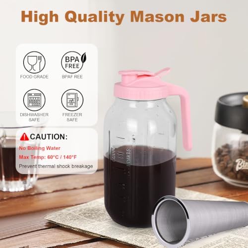 Cold Brew Coffee Maker, 64 oz Mason Jar Pitcher with Stainless Steel Filter, Pour Spout Handle Lid, Heavy Duty Glass Airtight & Leak-Proof for Iced Coffee,Tea & Lemonade - Image 3