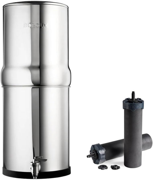 Boroux Legacy Gravity-Fed Countertop Stainless Steel Water Filter System | 3 Gallons with 2 Authentic Black Foundation. Filters by Boroux