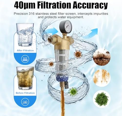 Water Filtration & Softeners, Reusable Whole House Spin Down Sediment Water Filter 40 Micron Flushable Prefilter Filtration 0.75" Female Thread + 1.26" Male Thread - Image 3