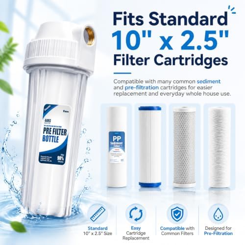 Whole House Water Filter Housing, Fit 10"x2.5" Sediment etc Filters for Well and City Water, Pre-Filtration System for Home, 3/4" Brass Port, Heavy Duty Steel Bracket, 4 Screws, Wrench, 1 Pp Cotton - Image 4