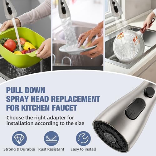 Kitchen Faucet Head Replacement, 3-Function Pull Down Spray Head with 9 Adapters, Sink Faucet Spray Head Compatible with Moen, Delta, American Standard Faucet, etc, Brushed Nickel - Image 6