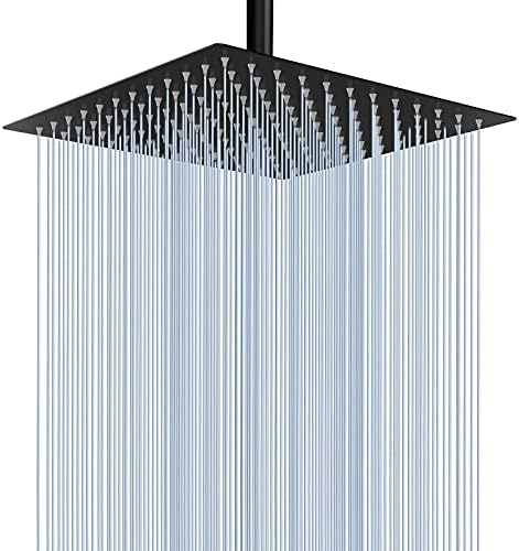Voolan Rain Shower Head - High Flow Large Rainfall Shower Heads Made of Stainless Steel - Waterfall Bathroom Square Showerhead - Ceiling or Wall Mount (12" Black) by Voolan