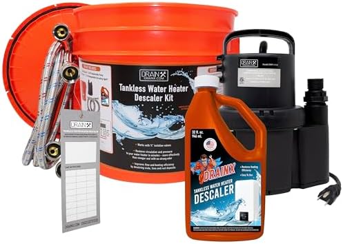 DrainX Tankless Water Heater Flushing Kit with Eco-safe Liquid Descaler Solution, Steel Hoses, 1/6HP Extra Strength Pump by DrainX