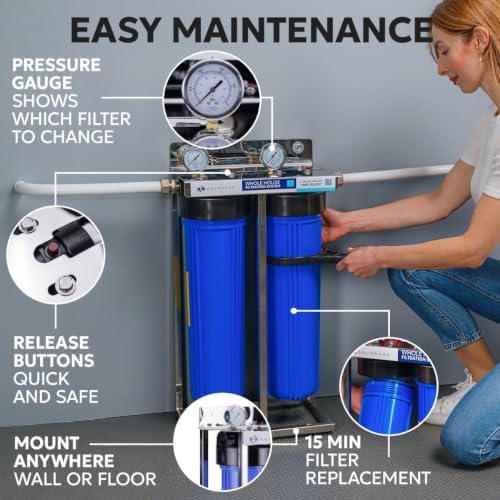 Aquaboon 2-Stage Whole House Water Filter System 20x4.5 inch with Prefilter & KDF, Sediment, Gauge & Release, Wrench, Freestanding Steel Frame - Image 4