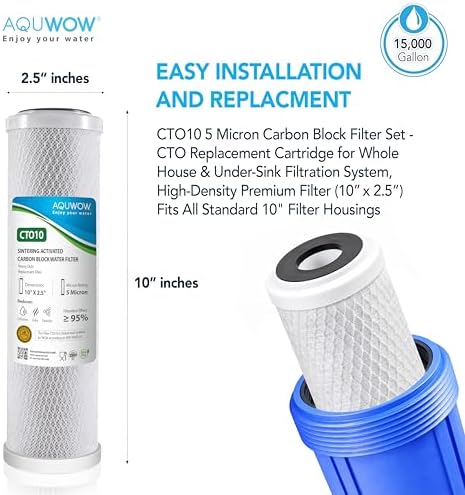 CTO10 5 Micron 2.5" x 10" Carbon Block Water Filter Set – Replacement Cartridges for Whole House and Under Sink Systems, Universal Standard Size (3, 10 x 2.5) - Image 2